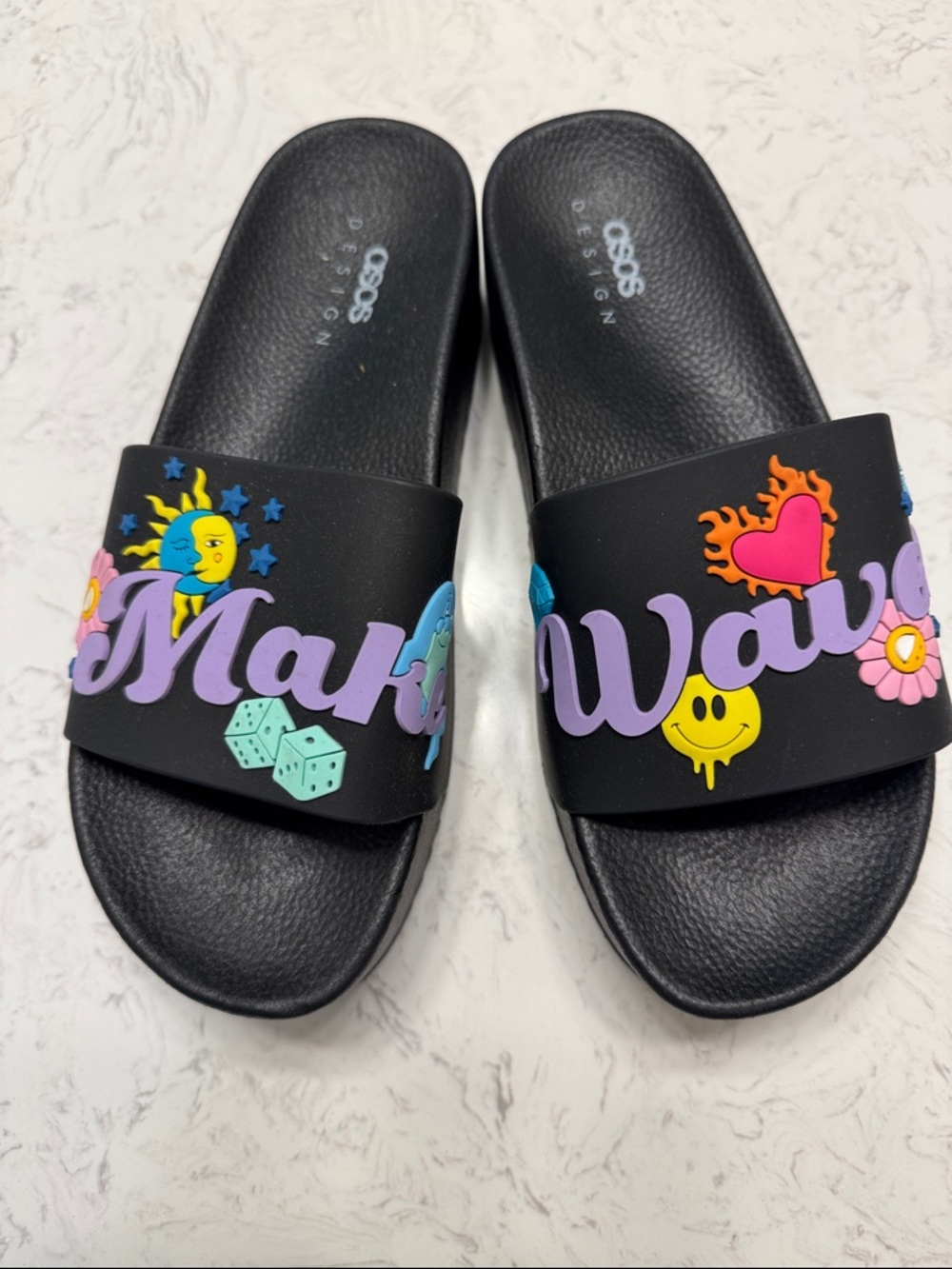 ASOS Black Kids Slide Sandals with Multicolor Graphic Embellishments